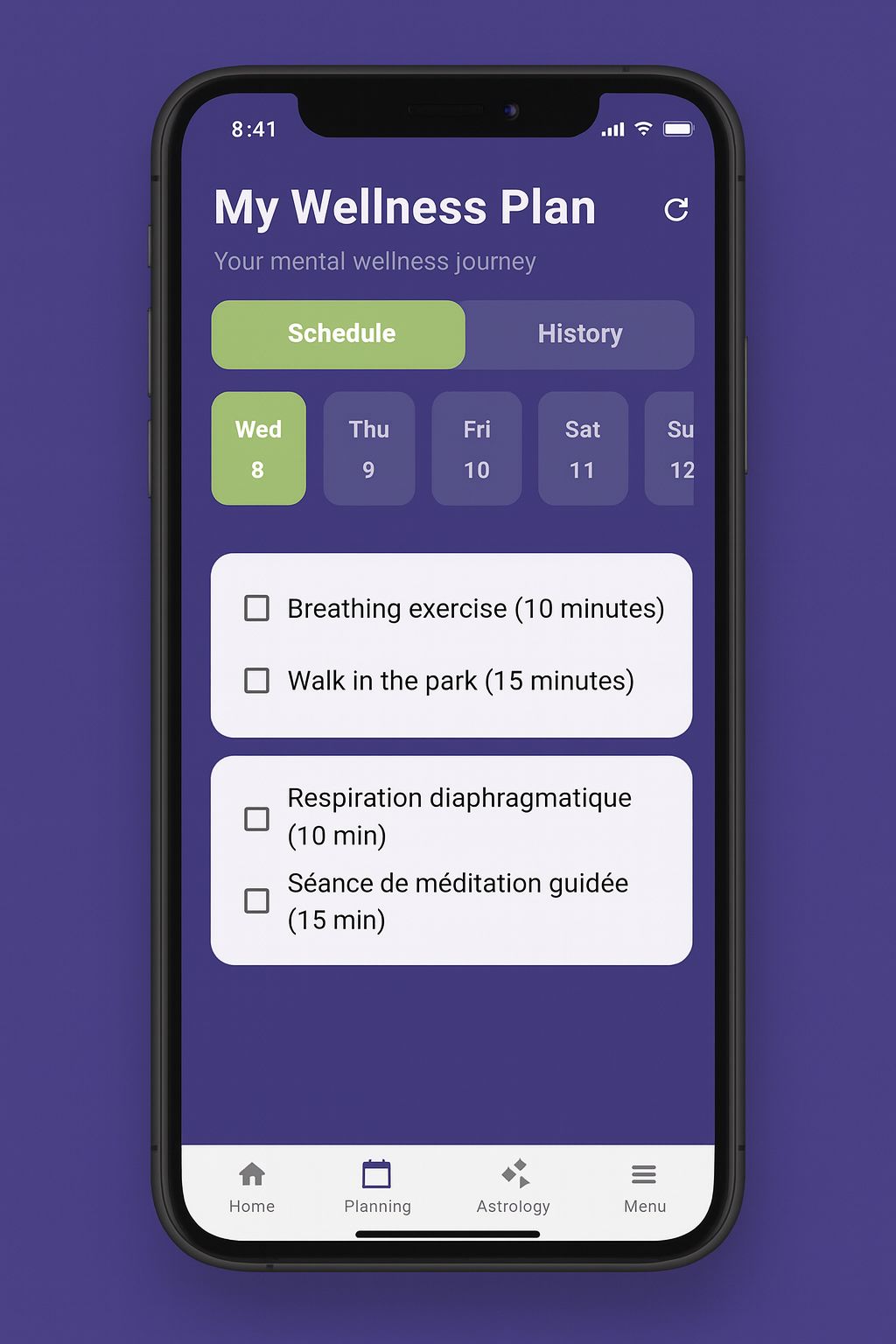 Planning bien‑être & routines